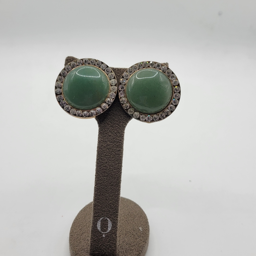 Vintage Circle Green Jade CZ Pierced/Clip on earrings